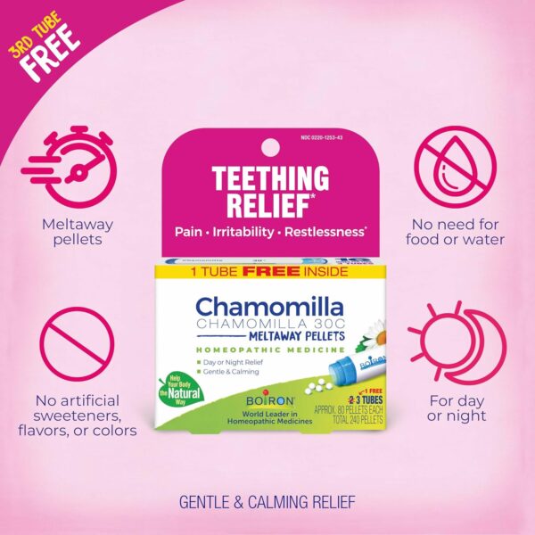 Boiron Chamomilla 30C Homeopathic Medicine for Teething Relief, Pain, Irritability, and Restlessness - 3 Count (240 Pellets) - Image 3