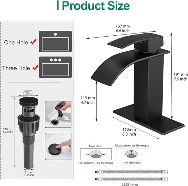 VOTON Black Bathroom Faucets Modern Waterfall Bathroom Sink Faucet Matte Black Single Handle Bathroom Faucet - Image 2