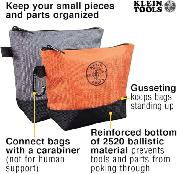 Klein Tools 55470 Utility Bag, Stand-Up Zipper Tool Bags, Tough 1680d Ballistic Weave, Reinforced Bottoms, Orange/Black, Gray/Black, 2-Pack - Image 10